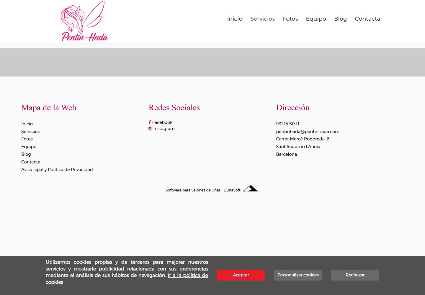 Captura de Servicios en la web actual, con cabecera y pie pero sin catálogo central